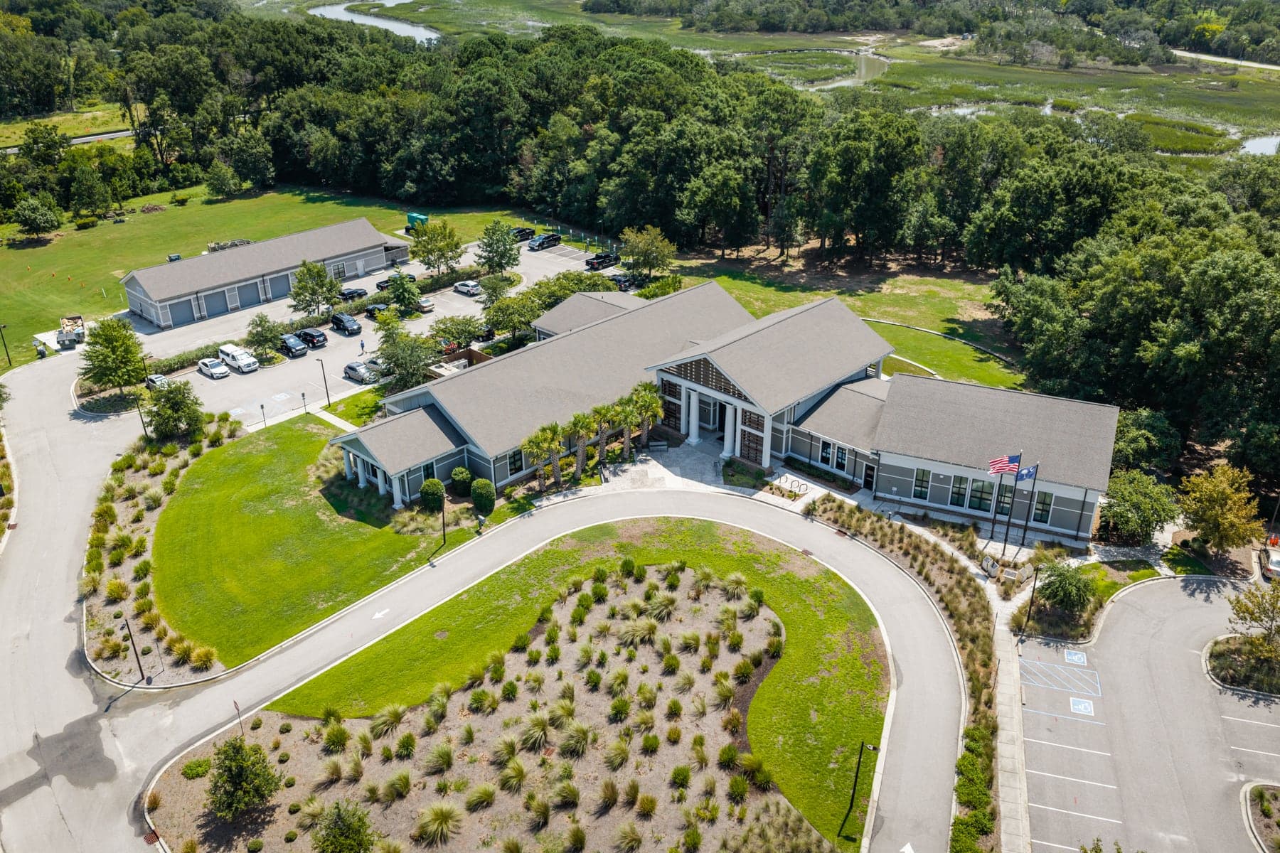 Aerial view of a Charleston-area commercial property, Kiawah Town Hall, cleaned by Pressure Wash Charleston