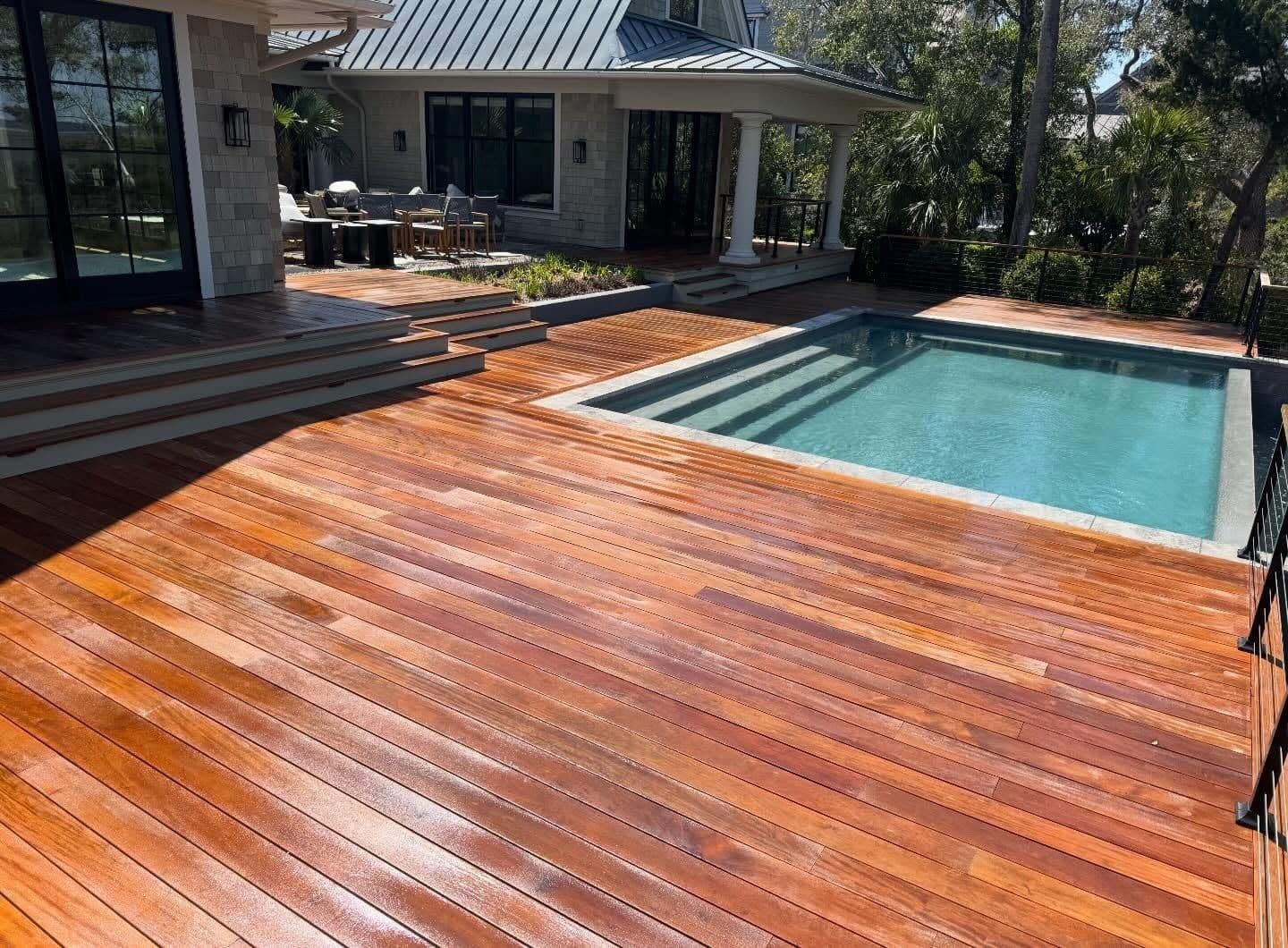 A freshly cleaned ipe hardwood pool deck at a Charleston, SC home